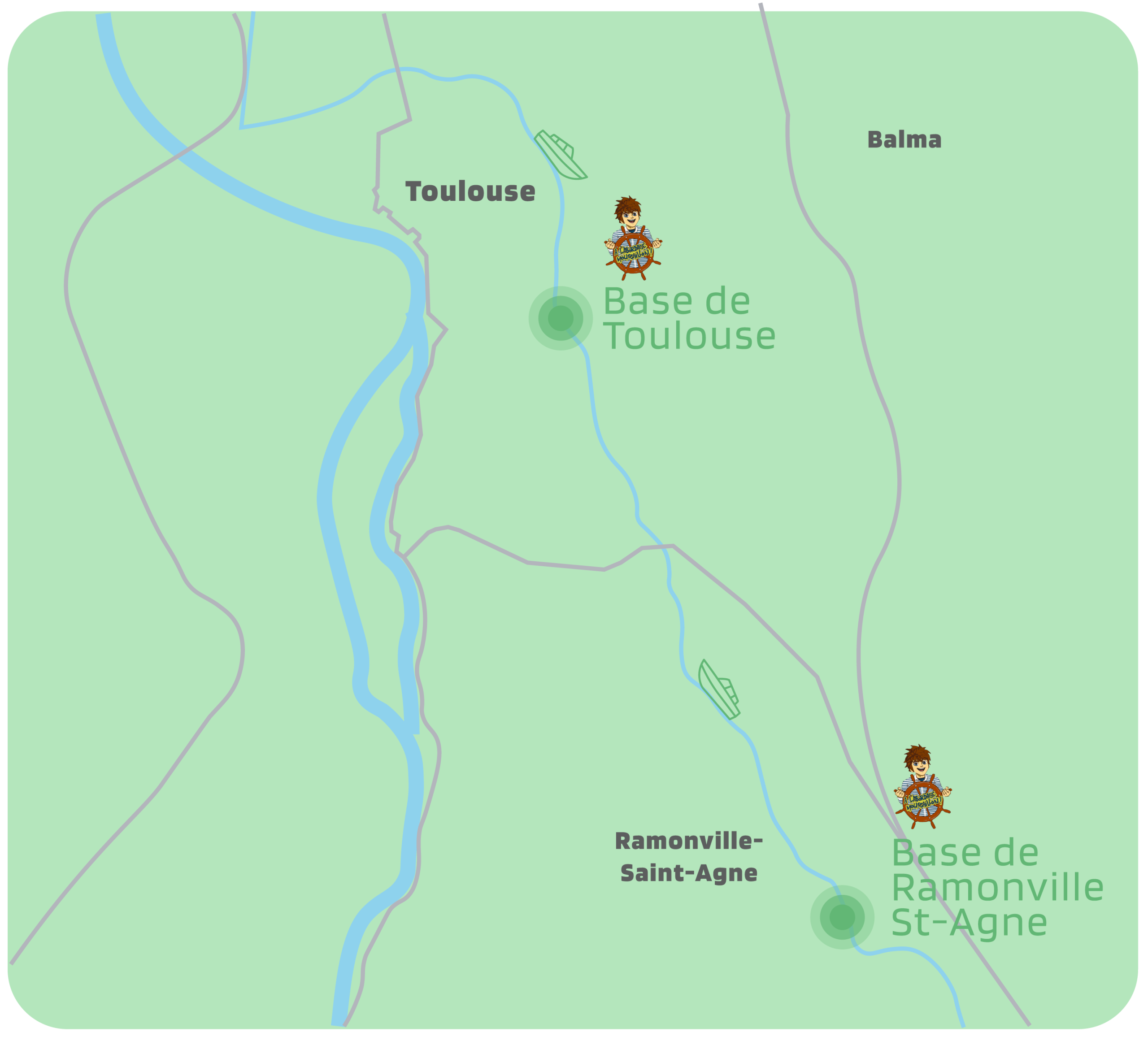 Carte des deux bases de location de bateau sans permis, à Toulouse et à Ramonville-Saint-Agne sur le Canal du Midi