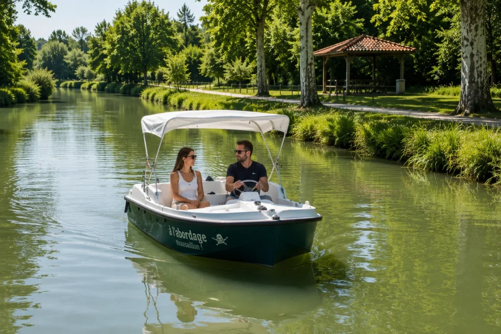 Couple à bord d'un bateau électrique À l'Abordage Moussaillon sur le Canal du Midi