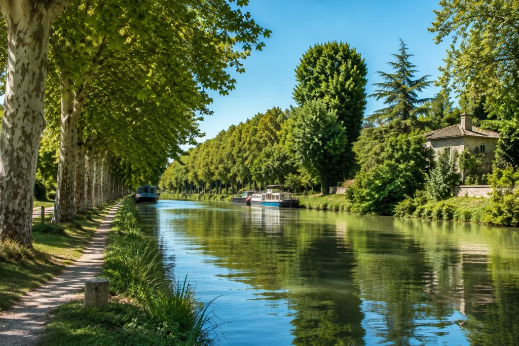 Chemin de halage et péniches amarrées le long du Canal du Midi bordé de platanes